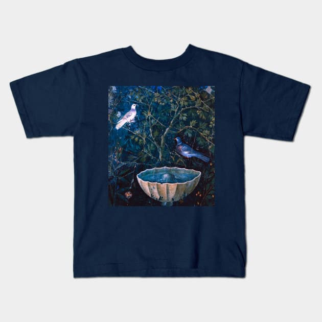 POMPEII COLLECTION DOVES AND FOUNTAIN  IN GARDEN ,BLUE  GREEN FLORAL Kids T-Shirt by BulganLumini